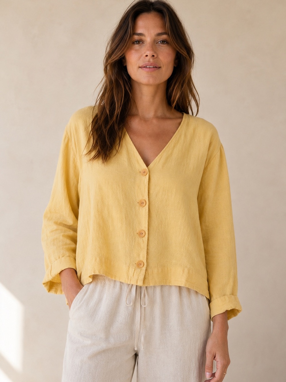 FLAX Butter Yellow 100% Linen Button Front V-
Neck Jacket Shirt Lagenlook L
